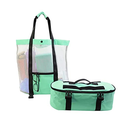 Borsa da spiaggia in rete, impermeabile, organizer da picnic, dispositivo di raffreddamento e cerniera, multifunzione, grande borsa da piscina 2 in 1,
