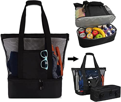Borsa da spiaggia in rete con dispositivo di raffreddamento, borsa da picnic rimovibile 2 in 1 con dispositivo di raffreddamento, borsa da spiaggia da
