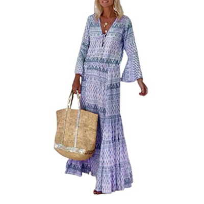 WALNUT Donne Popolari Abiti Geometrici Stampa Manica Bagliore a vccino a vccinciatura di Orlo rotolata for Le Vacanze (Color : D, Size : XL Code)