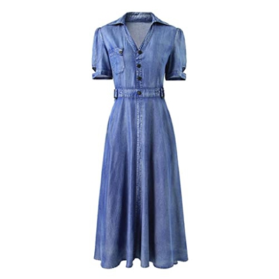 WALNUT Donne Abiti da Jeans a Maniche Corte Lunghe a Maniche Corta a-Riga a v-Collo Sottile (Color : A, Size : XL Code)