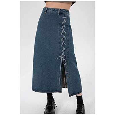 WALNUT Summer Vintage Blue Women Denim Stile Streetwear Style Street Wear Bandies High Bandies Gonna Jeans a Mezza Lunghezza (Color : A, Size : L)