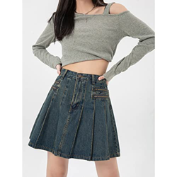 WALNUT Signora di Denim Blu Vintage Femminile Femminile con Cerniera Pieghettata Piena in Piega in Vita Alto la Gonna a gallie a Galline a Galline da  en oferta