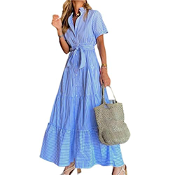 WALNUT Abiti da Donna Sciolta Abiti Estivi a Strisce a Manica Corta Mostrare Figura in Cotone Miscela Singola Camicia a Strisce a Pezzi (Color : Blue, precio