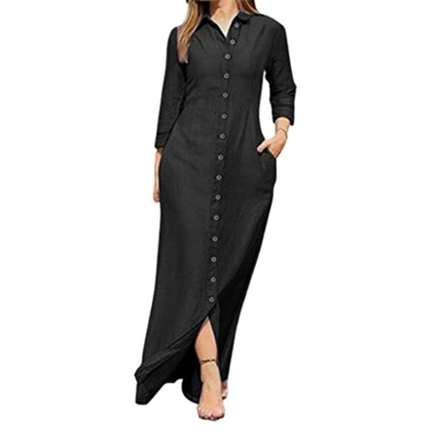 WALNUT Collare a Giù a 3/4 Maniche da Donna Vestito Due Tasche a Colore Solido a Petto in Jeans Maxi Abito Abito da Donna (Color : B, Size : M Code)