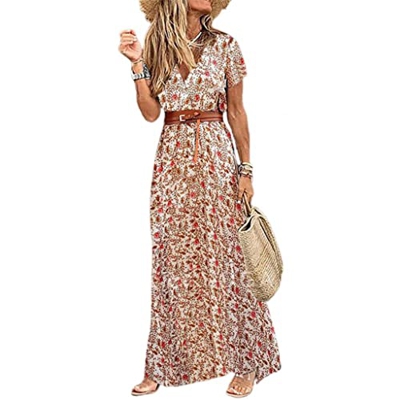 WALNUT Mashion Long Dress for Women V Neck Short Short Maniche a Maniche ORMO Beach Abito da Donna Elegante con Cintura (Color : B, Size : M Code)
