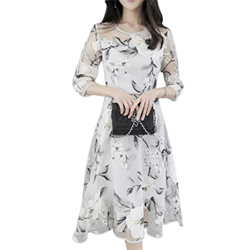 WALNUT Donne o-Collo 3/4 Maniche a Maglie Stampa Floreale Grande Abito Midi a Doppio Strato Swing a Doppio Strato Abiti Eleganti for Donne (Color : Wh en oferta