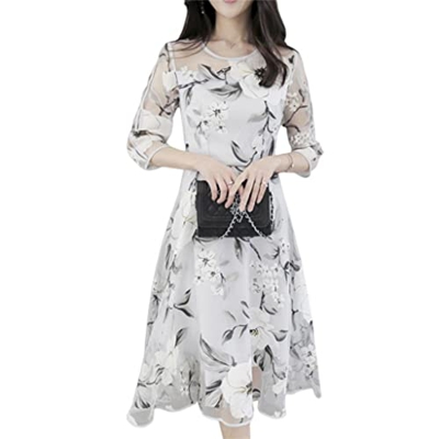 WALNUT Donne o-Collo 3/4 Maniche a Maglie Stampa Floreale Grande Abito Midi a Doppio Strato Swing a Doppio Strato Abiti Eleganti for Donne (Color : Wh