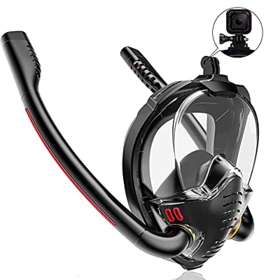 Maschera da snorkeling a faccia intera,Attrezzatura da snorkeling,Sistema di respirazione a secco Doppio tubo Set con supporto per fotocamera Maschera