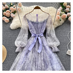 WALNUT Women Mesh Dress Abito Vintage Lantern Maniche Stampato Abiti da Festa Spring Summer Patchwork A Line Bandage Beach Dress (Color : Purple, Size precio