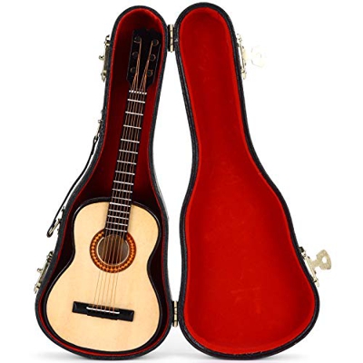 Modello di strumento musicale, chitarra con supporto in legno, mini classico, portatile, vintage, modello di chitarra con supporto, per decorazioni do