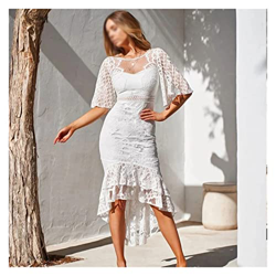 WALNUT Abito a Coda di Pesce in Pizzo Donne Donnela Manica a Mezza frigo centellino Vestito di Orlo Irregolare a v-Collo Solido (Color : A, Size : S C en oferta
