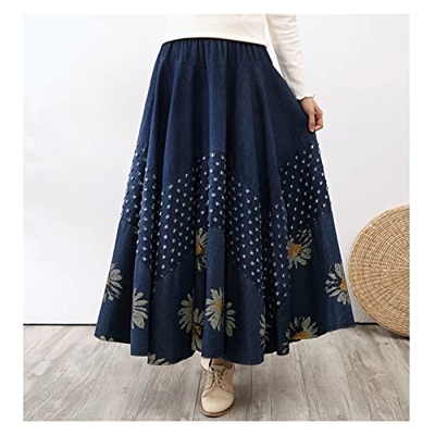WALNUT Stampa Long Maxi A Line Gonna Donne Elastica Inverno Inverno Jeans in Denim Grande Gonna di Orlo Denso (Color : A, Size : One Size)