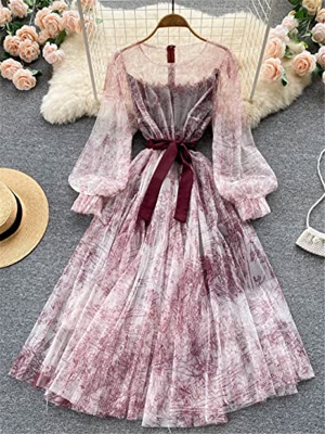 WALNUT Women Mesh Dress Abito Vintage Lantern Maniche Stampato Abiti da Festa Spring Summer Patchwork A Line Bandage Beach Dress (Color : Red, Size : 