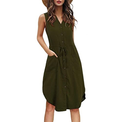 WALNUT Donne Senza Maniche Casual con Manico Comodo cutanea con Scollo a V Miscela di Cotone Comfort Abito Estivo for Estate for Appuntamenti Estivi (
