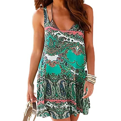 WALNUT Abito da Donna Stampare Motivi retrò Fuori Spalla Abito o-Scollo Estivo Adatto for la Spiaggia Mini Sexy Elegante (Color : Green, Size : L Code