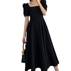 WALNUT Eleganti Abiti da Collo Quadrata for Donne Maniche Estate con Piumino a Una Linea Medio Lungo Abito Nero a Vita Alta (Color : Black, Size : M C precio