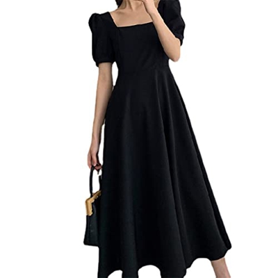 WALNUT Eleganti Abiti da Collo Quadrata for Donne Maniche Estate con Piumino a Una Linea Medio Lungo Abito Nero a Vita Alta (Color : Black, Size : M C