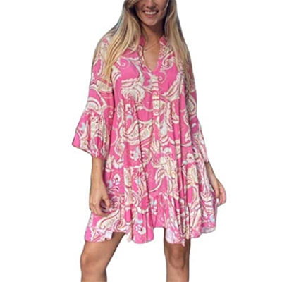 WALNUT Abito da Donna Estivo for Donne Abbigliamento a Mezza piaclusa for Il Tempo Pieno di Stampa Etnica a Manica a Manica Sciolta for la Spiaggia Es