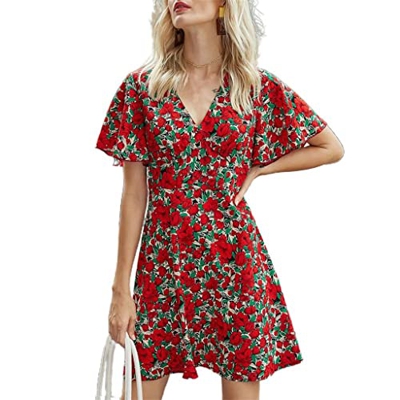 WALNUT V Neck Mini Abito Donne Estate Summer Butterfly Red Flourfly Stampa Casual Elegante Festa della Festa Swing Swing Sexy Dress (Color : Red, Size