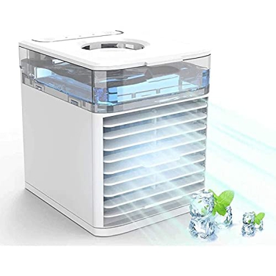 QINGCANG Mini Clima Portatile, Luce D'Atmosfera A LED A 7 Colori Aria Condizionata - 3 velocità Regolabili Condizionatore da Tavolo - per Casa, Uffici