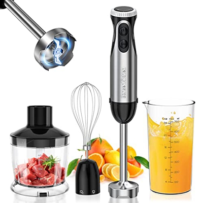 Bonsenkitchen Frullatore a immersione multifunzione 4 in 1, 20 velocità regolabili, con frusta, tritatutto da 500 ml e misurino da 700 ml robot da cuc