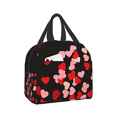 Borsa termica termica riutilizzabile per borsa termica con cuori rossi rosa con tasca frontale per donna, uomo, viaggio, lavoro, escursionismo, picnic