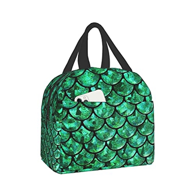 Borsa termica termica riutilizzabile con scaglie di sirena verde smeraldo Borsa termica con tasca frontale per donna Uomo Viaggio lavoro Escursionismo