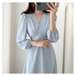 WALNUT Vestito Donna in Stile Francese Coreano Morbido Sottile a v-Scollo a v-Collo allaccia-up WAIS a Maniche Lunghe (Color : A, Size : One Size) precio