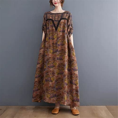 WALNUT Pizzo Patchwork Sottile Morbido Abito Estivo Accogliente Stampato Estivo da Donna Floreale da Viaggio Abito Casual (Color : A, Size : L Code)
