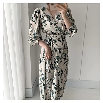 WALNUT Corea V Sheshes Slim Lady Lady Irregolare Frence Sfugo Floral Stampa Dress Chiffon (Color : A, Size : One Size)