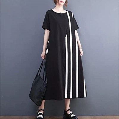 WALNUT Abito Estivo da Ragazza a Strisce for la Stampa a Strisce a Strisce a Strisce a Strisce Abito Midi Casual Midi Abito (Color : Black, Size : One