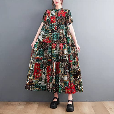 WALNUT Stand Collar Stampa Chic Street Fashion Girl's Summer Cleuse Dress Women Casual Chiffon Long Dress (Color : A, Size : One Size)