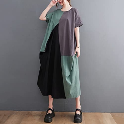 WALNUT Patchwork Chic's Girl's Accogliente Abito Estivo Summer Dress Cotton Linen Fashion Women Casual Midi Dress (Color : B, Size : One Size)