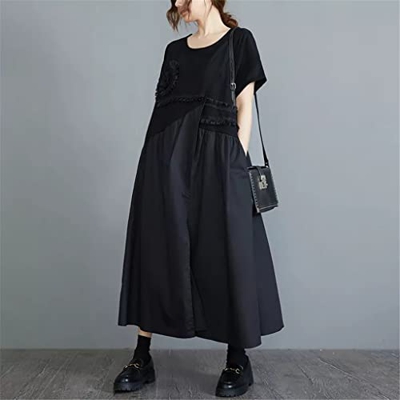 WALNUT Patchwork Street Fashion Chic Girl's Summer T -Shirts Dress Women Women Casual Black Dress (Color : Black, Size : One Size)