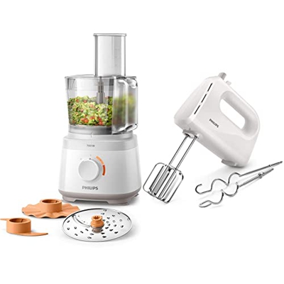 Philips Cucina HR7310/00 Robot da Cucina Multifunzione con Oltre 16 Funzioni, Disco 2 in 1 in Acciaio Inox, 700 W, 2.1 Litri, Bianco & Hr3705/00 Sbatt