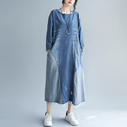 WALNUT Stile Arti Autunnale Donne Sciolto a Maniche Lunghe Casual Manica o-Collo bottina in Cotone Denim Patchwork Abiti Lunghi (Color : A, Size : L C precio