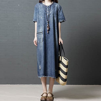 WALNUT Donne Denim DRESI Blu Blu Blu Scheda VINTAGEO PATTHE Donna degli ASSEGGIO Casuali (Color : A, Size : L Code)