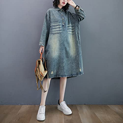 WALNUT Donne Autunnali sciolte Casual a pedaggio a Turno a Maniche Lunghe Tasche in Jeans Abito strappato da Donna in Cotone strappato (Color : A, Siz precio