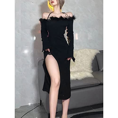 WALNUT Dicchetto Classic Classic Black Collar Halter Neck High Street Design Spalato Donne Donne Abito a Maniche Lunghe (Color : A, Size : L Code)