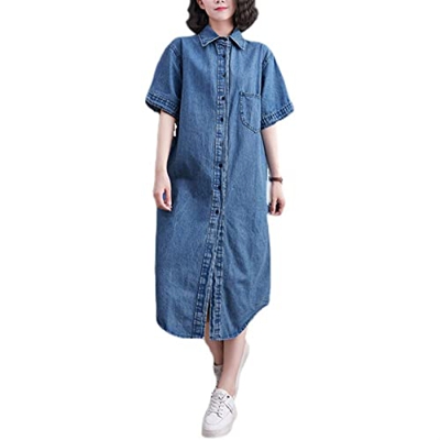 WALNUT Abito da Camicia in Denim a Manica Corta Estiva da Donna Abito Sciolto a metà Lunghezza. (Color : A, Size : XL Code)