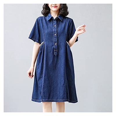 WALNUT Abito da Donna in Denim Vintage Casual a metà Lunghezza Manica Corta Azzurra Perline Abiti Abiti Abiti Femme (Color : A, Size : M Code)