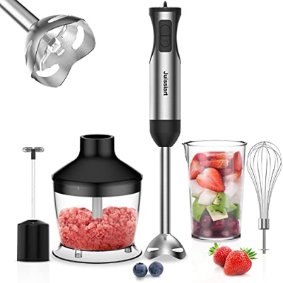 Juissiart Frullatore a Immersione multifunzione Acciaio inossidabile 800W 4 in 1 , 20 velocità regolabili