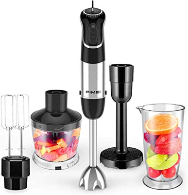 FIMEI Frullatore a Immersione da 800 W, 5 en 1 Frullatore Elettrico in Acciaio Inossidabile, 6 Velocità Regolabili, Robot da Cucina con Pressa per Pat