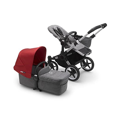 Bugaboo Donkey 3 – Passeggino singolo e passeggino gemellare in un unico – Passeggino pieghevole leggero con tettuccio parasole rosso e telaio in allu