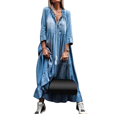 WALNUT Abito Taglie Forti Abito d'Abbigliamento Autunno Donna in Pizzo v al Collo Grande c emine Abito Maxi Denim Abito in Denim (Color : A, Size : L 