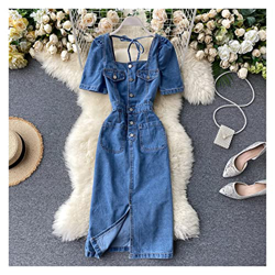 WALNUT Fibbia Quadrata da Donna Close Close Waist Shuin Medium Long Split Denim Abiti Vintage (Color : A, Size : M Code) precio