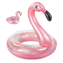 Olycism Fenicottero Gonfiabile Galleggiante con Paillettes portabevande e Kit di Toppe Flamingo Gonfiabile Piscina Giocattolo Estate Gonfiabile Lettin precio