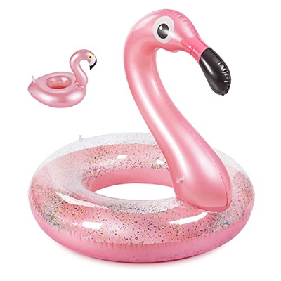 Olycism Fenicottero Gonfiabile Galleggiante con Paillettes portabevande e Kit di Toppe Flamingo Gonfiabile Piscina Giocattolo Estate Gonfiabile Lettin