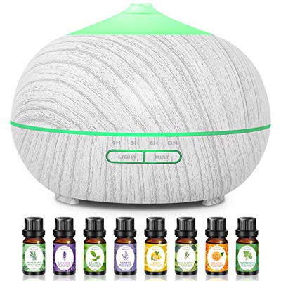 Diffusore di Oli Essenziali Umidificatore Ultrasuoni: 500ML Diffusore di Aromi con 8x10ml Oli Essenziali - Diffusore Ambienti Legno con 7 Colori LED p