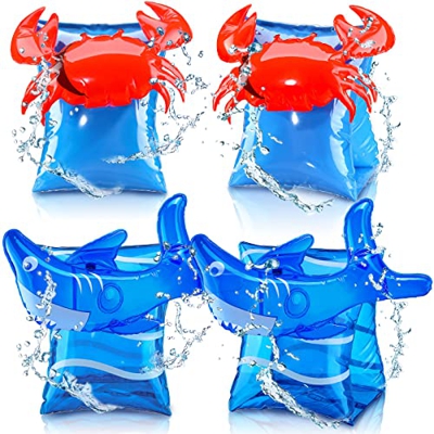 4 Pezzi Bracciali Gonfiabili per Bambini Bracciale da Nuoto Maniche del Galleggiante Braccialetti da Piscina per Mare, 3 - 6 Anni (Granchio, Squalo)